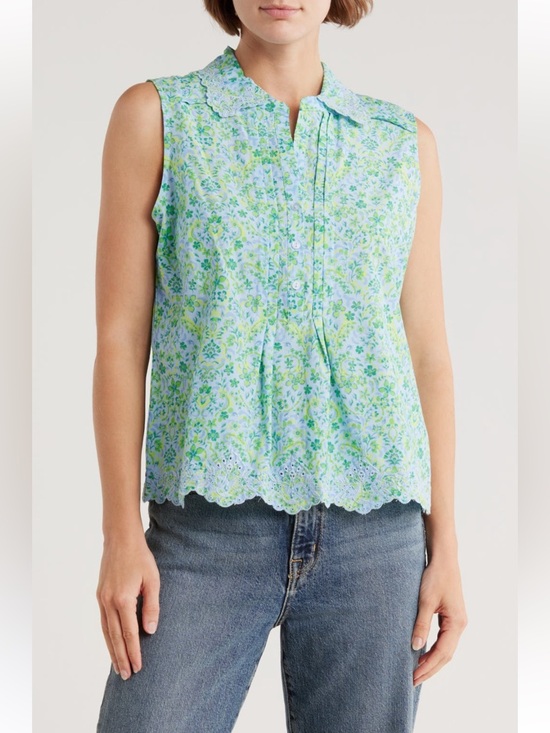 Democracy Tops - Democracy Light Blue and Green Floral Scallop-Trim Sleeveless Camisole